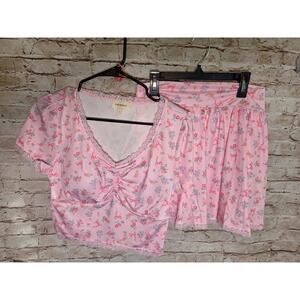 Rare Raw 2 Piece Set Outfit Size Large Feminine Bows Floral Print Skort Crop Top